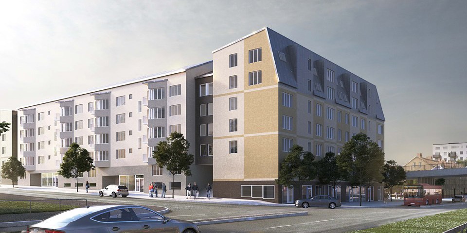 Bostadshus med fem våningar i korsning. Människor, bilar och buss i rörelse, visionsbild.