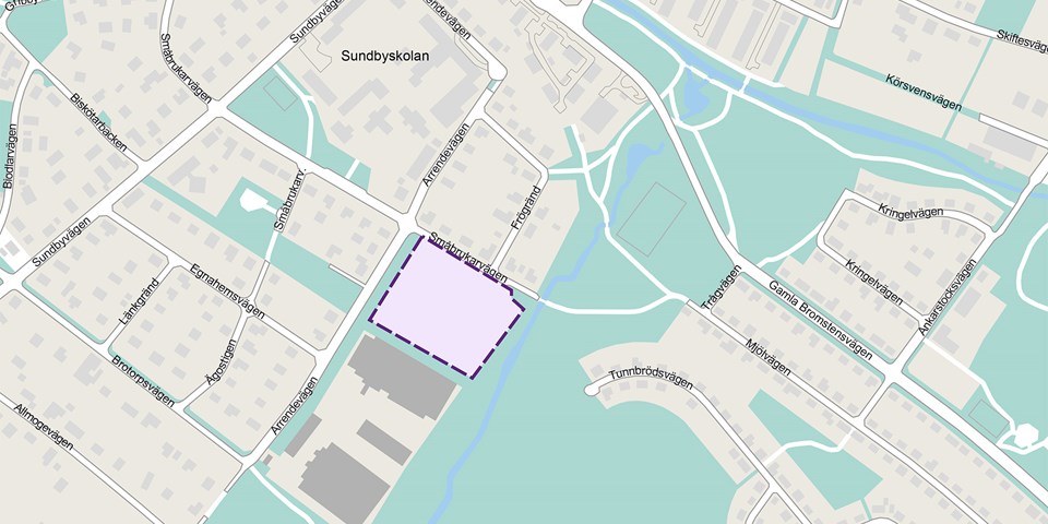 På bilden syns en karta över Sundby där området som utreds är utritat med en lila streckad linje, illustration.