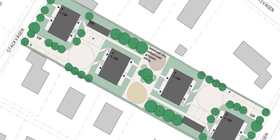Illustration karta som visar de fyra bostadshusen med omgivning.