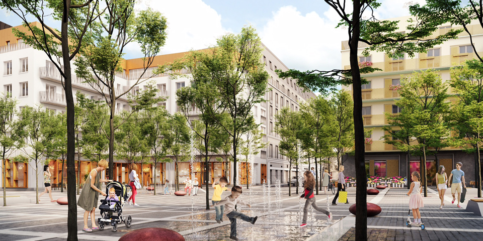 Torg med trädplanteringar, fontän, omgivande flerbostadshus och verksamhetslokaler, människor i rörelse, illustration.