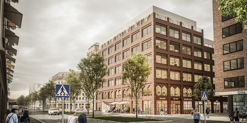 Vy mot byggnad med fasad av rött tegel, människor i rörelse längs med gatan utanför, illustration.