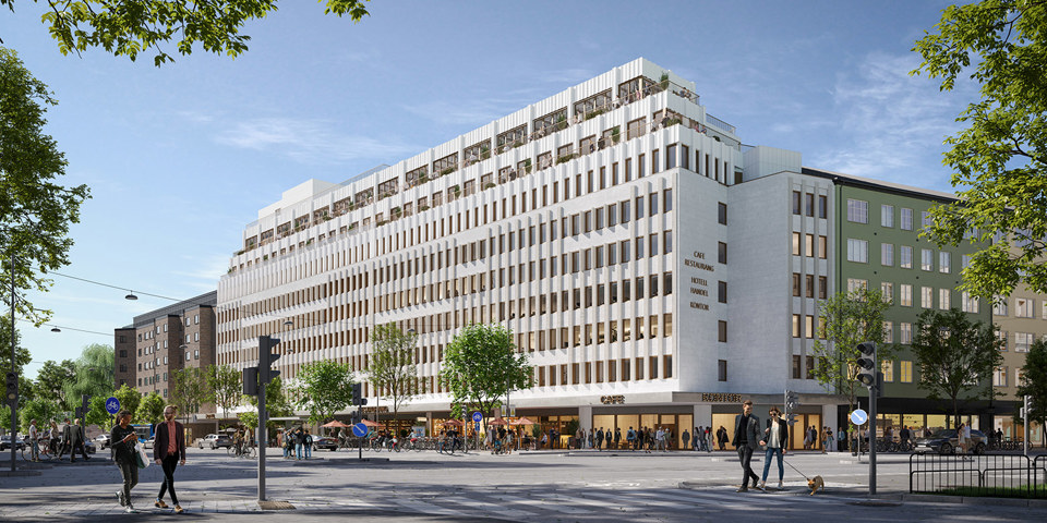 Vy mot flervåningshus i korsning i stadsmiljö, människor i rörelse, illustration.