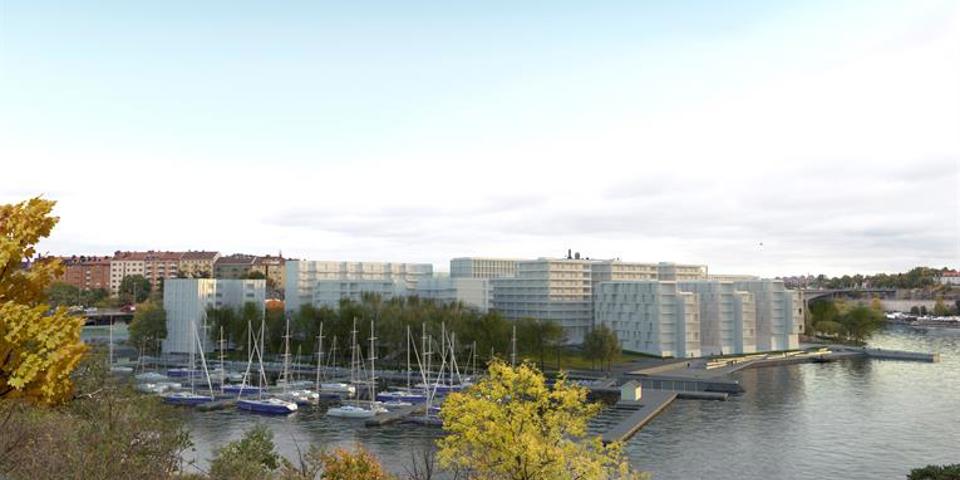 Vy mot flerbostadshus, båtar, vatten, bryggor, illustration.
