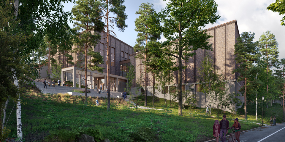 En byggnad med fyrkantig form och ljus fasad. Framför byggnaden finns träd och annan grönska och en gång- och cykelbana, illustration.
