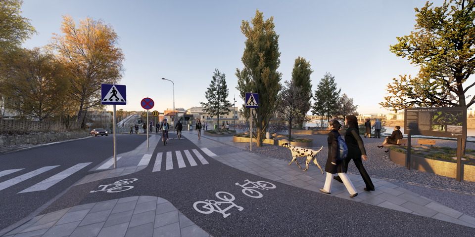 Gång- och cykelbana, övergångsställen. Träd och sittplatser. Bil och människor i rörelse, visionsbild.