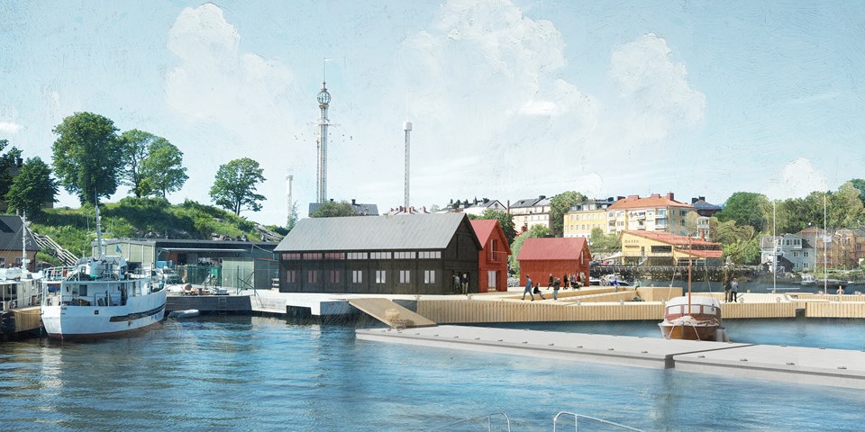 Vy över en småbåtshamn med båtar, brygga och byggnader, Människor i rörelse. I bakgrunden syns träd, bostadshus och attraktioner vid Gröna Lund. Illustration
