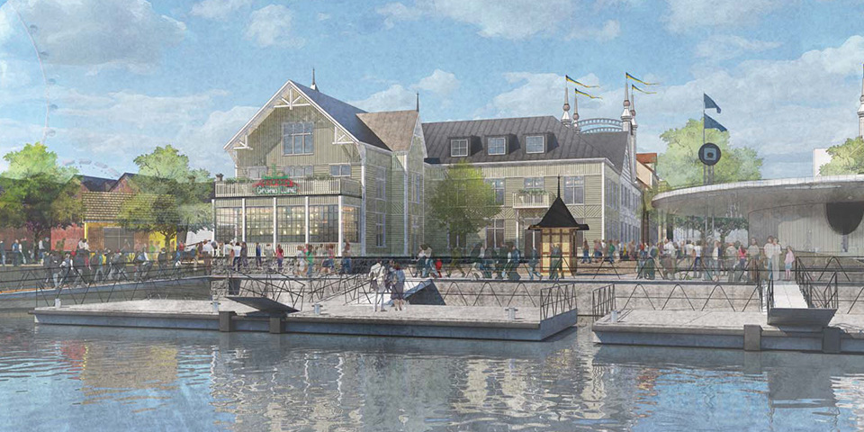 Vy från sjösidan mot hus och brygga. Människor i rörelse,  illustration.