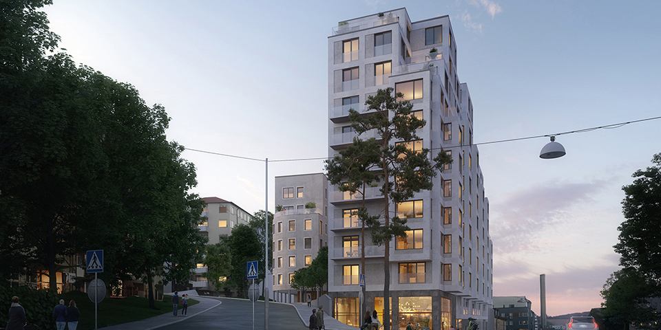 Vy från korsning mot flerbostadshus med verksamhetslokal på bottenplan, bilväg, trottoarer, människor i rörelse, illustration.