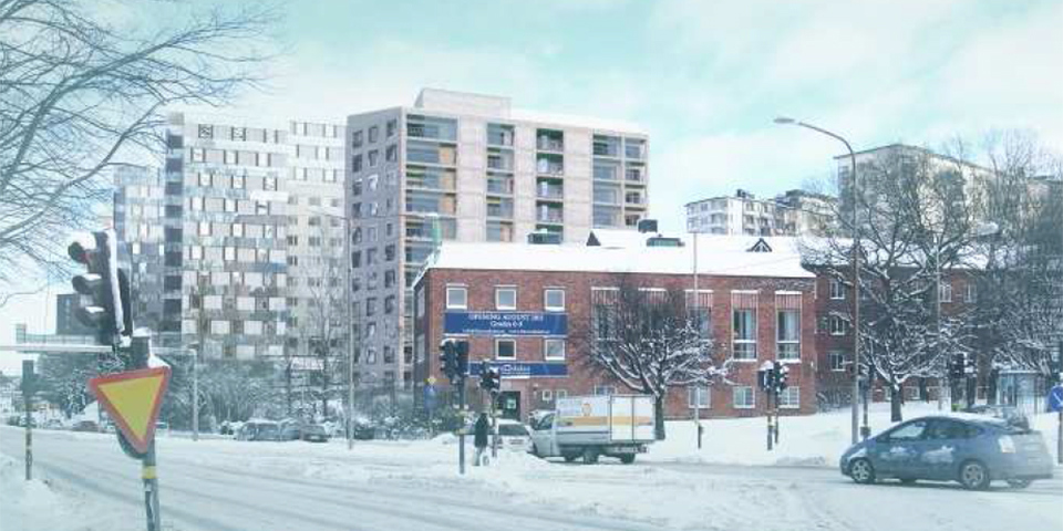 Flerbostadshus vid korsning, bilar och människor i rörelse, vinter, illustration.