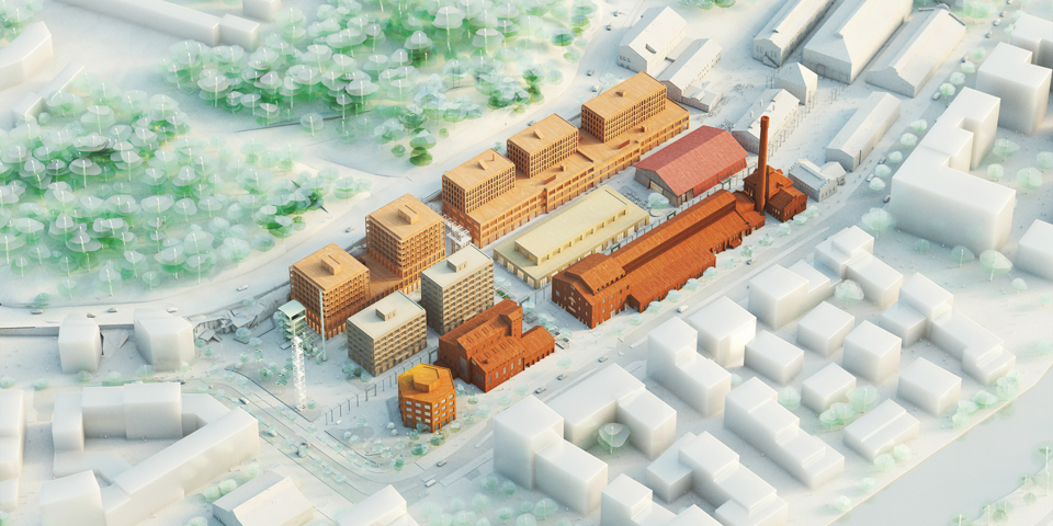 Flygvy över byggnader i Gasverksområdet, illustration.