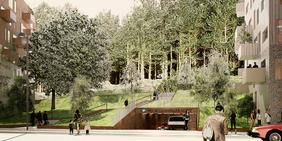 Infart till parkeringsgarage mellan två flerbostadshus, i bakgrunden syns en skogsdunge. Människor och bilar i rörelse, illustration.