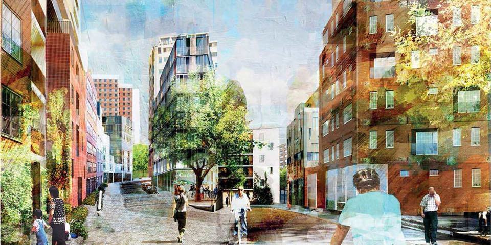 Bostadshus, träd, gata och trottoar. Människor som cyklar och promenerar. Illustration.