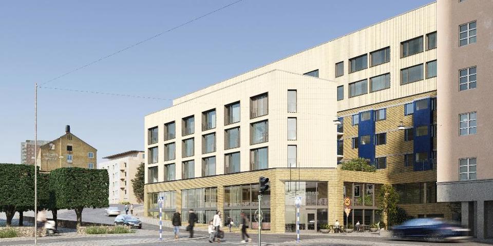 Ett bostadskvarter vid en sluttande väg, illustration.