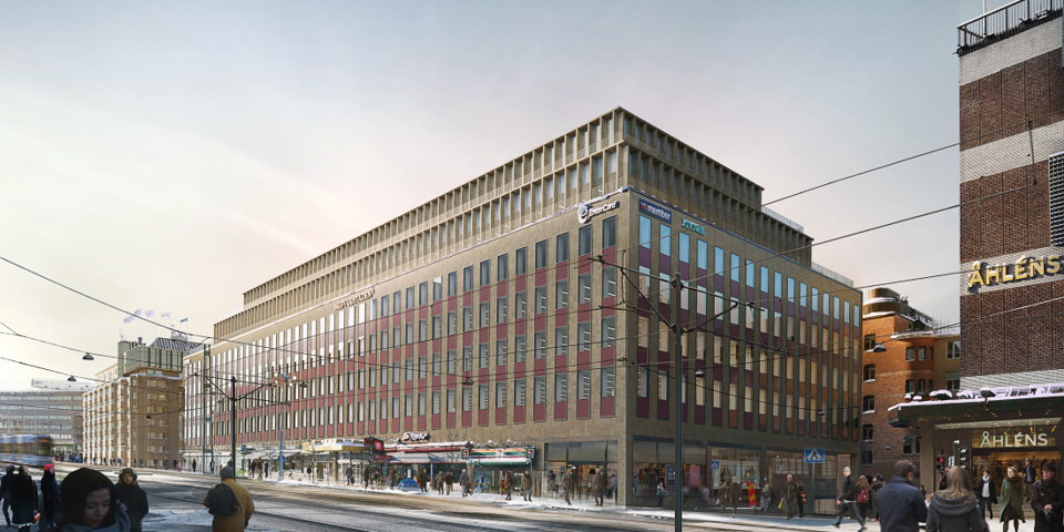 Kontorshuset Orgelpipan 7 i bild vid Klarabergsgatan och Klara Norra Kyrkogata. Människor i rörelse. Illustration
