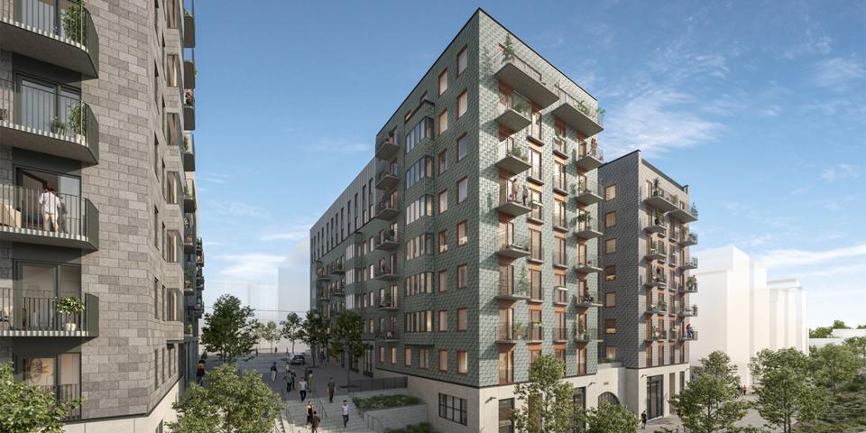 Visionsbild som visar bostadshus med flera våningar, balkonger och grönska, med en gång mellan huskropparna i Hagastaden.