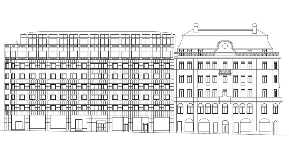 En illustration i svartvitt. Fasaden till två höga byggnader där den ena är i gammal stil och den andra i modern stil.