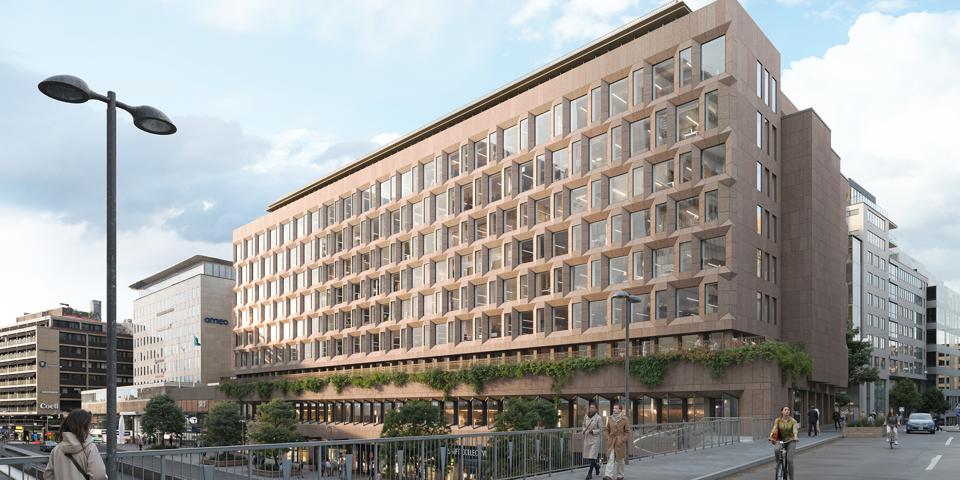 Illustration av en ny byggnadsfasad mot Sveavägen med modern design och en stilren gavelfasad mot Malmskillnadsgatan.