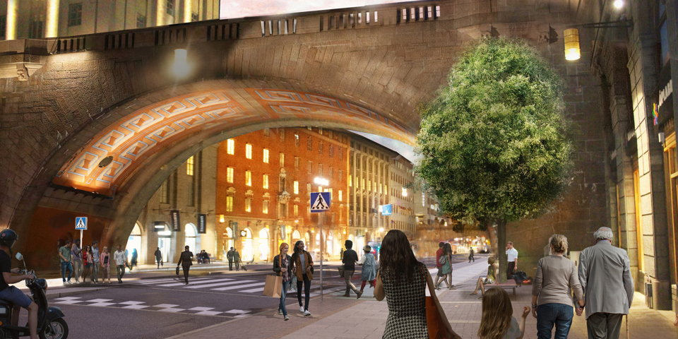 Belyst bro över Kungsgatan. Människor promenerar och korsar gatan vid övergångsställe, illustration.