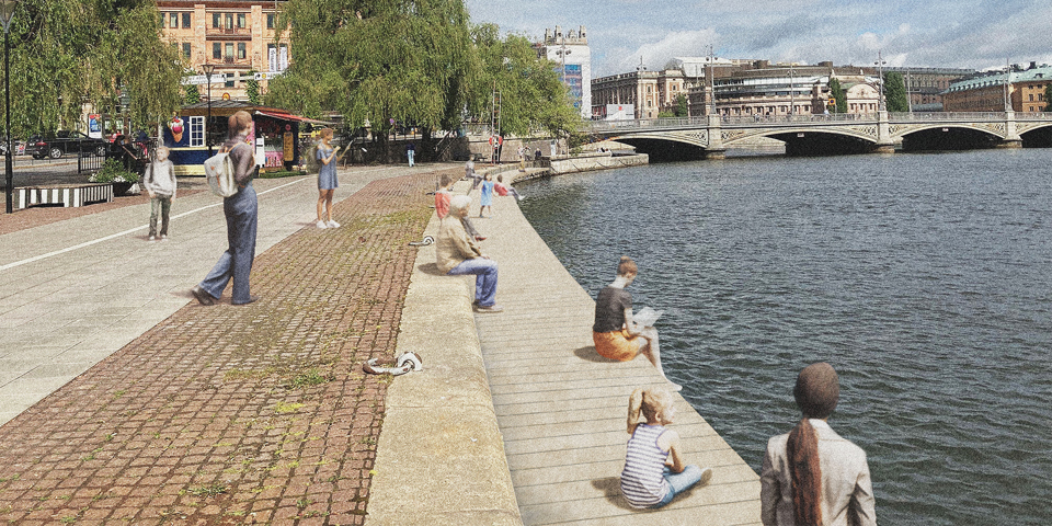 En kajplats intill vattnet. Människor som sitter och promenerar, illustration.