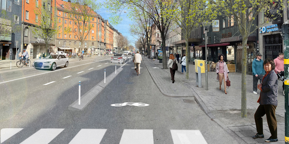 Visionsbild stadstrafik med körfält och cykelbanor samt människor som promenerar på gator.