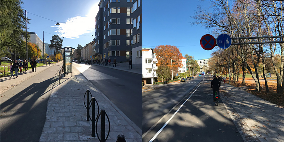 Människor som promenerar bredvid cykelbana. Cykel som cyklar på cykelbana. Foto.
