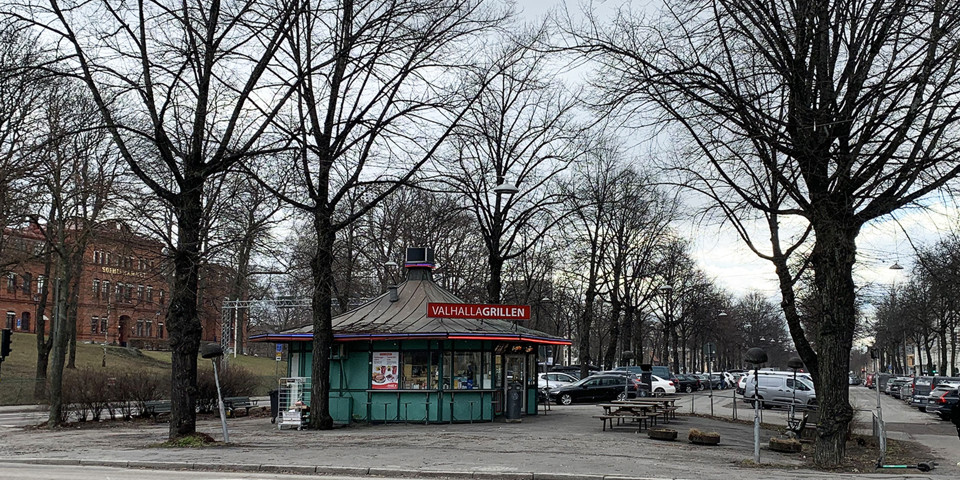 Vy i allé mot grillkiosk, med träd utan löv, parkering och byggnad i bakgrunden, fotografi.
