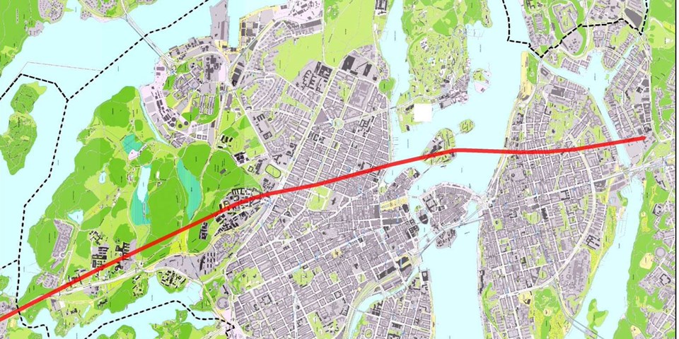 Karta som visar hur den nya tunneln går mellan  Norra Djurgårdsstaden och Hammarby Sjöstad.