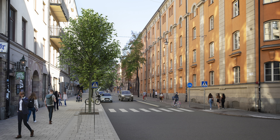 Visionsbild, Norrtullsgatan med en breddad gångbana.