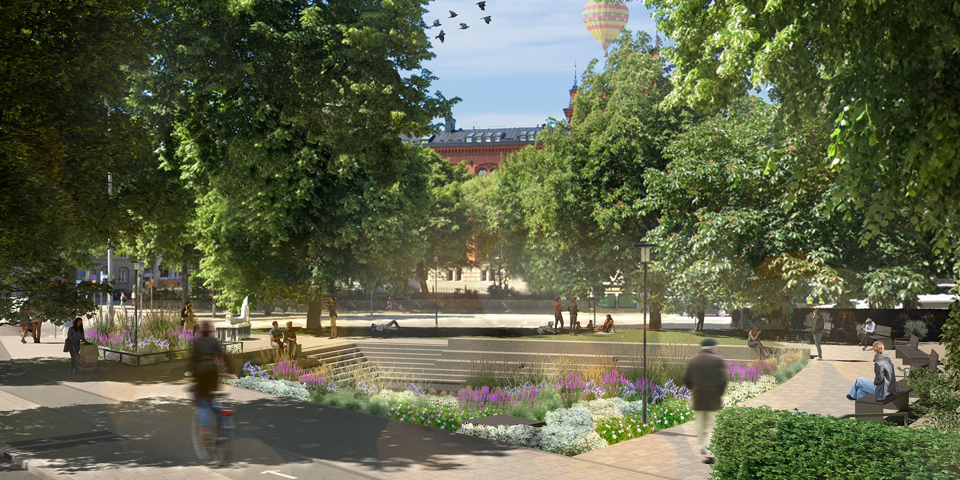 Visionsbild av den nya parken vid Jarlaplan i solsken. Vy från Jarlaplans norra hörn på Birger Jarlsgatan. 