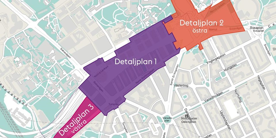 En karta över Norra innerstaden där tre områden är markerade med Detaljplan 1, Detaljplan 2 och Detaljplan 3.