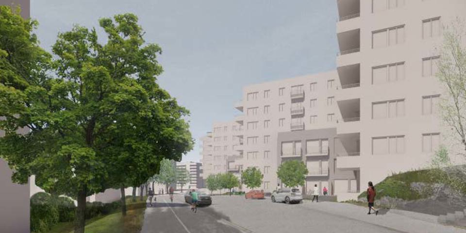Vy längs med gata med trottoar på båda sidor, på båda sidor planerad bebyggelse av flerbostadshus, illustration. 