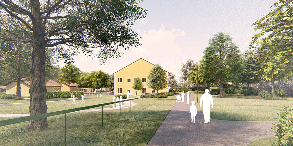 En gångväg med barn och vuxna som promenerar. Vid kanten finns gräsytor med träd och  en förskolegård med lekanade barn, illustration.