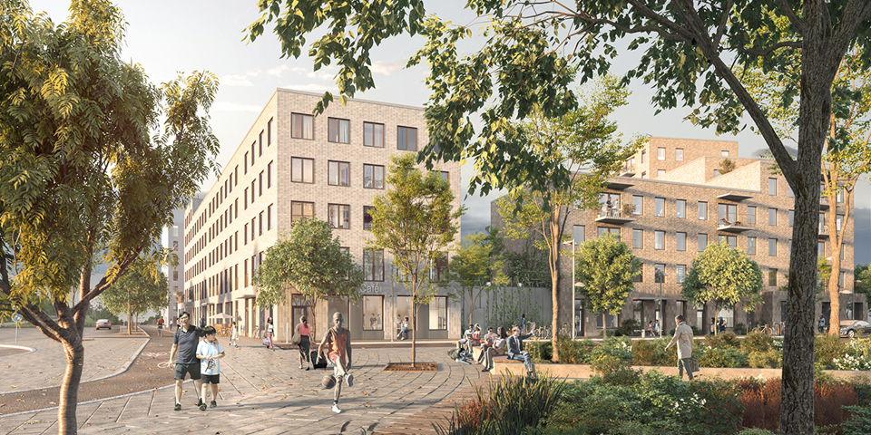 Ljusa tegelhus i flera våningar. Människor promenerar längs ett promedstråk och park, illustration.