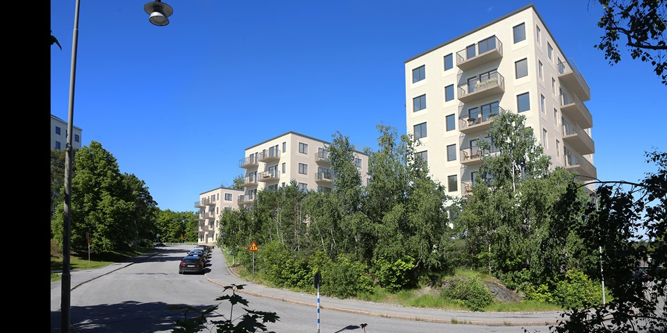 Vy från övre Ekholmsvägen med de nya punkthusen som ramas in av grönska, illustration