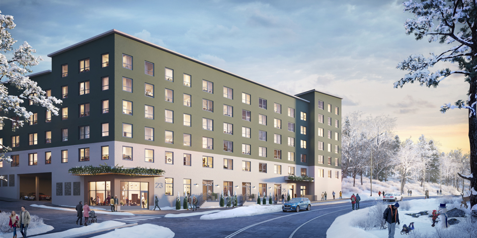 Flerbostadshus med grön fasad i vintermiljö, människor i rörelse, illustration.