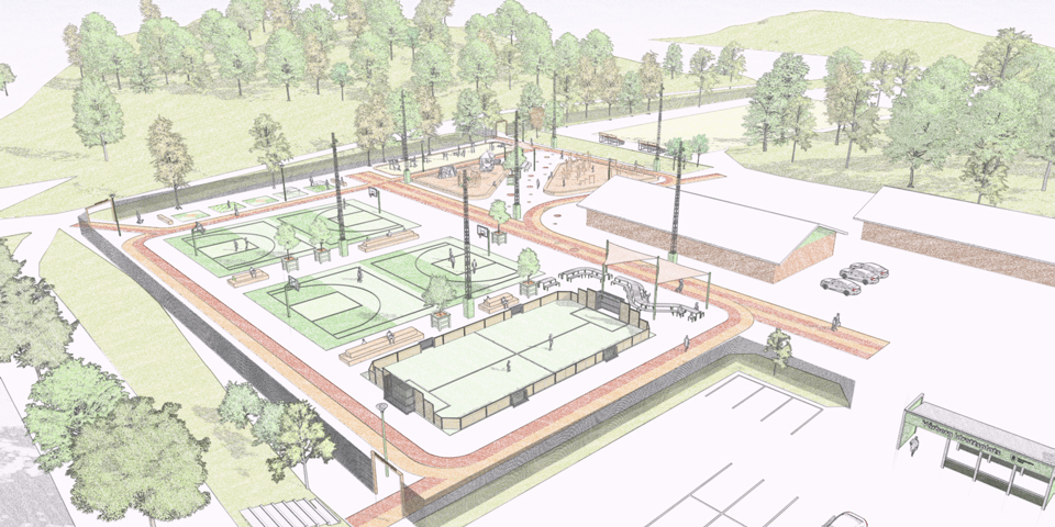 Vy över spontanidrottsytorna. Med bollplaner i förgrunden och utegym i bakgrunden, illustration.