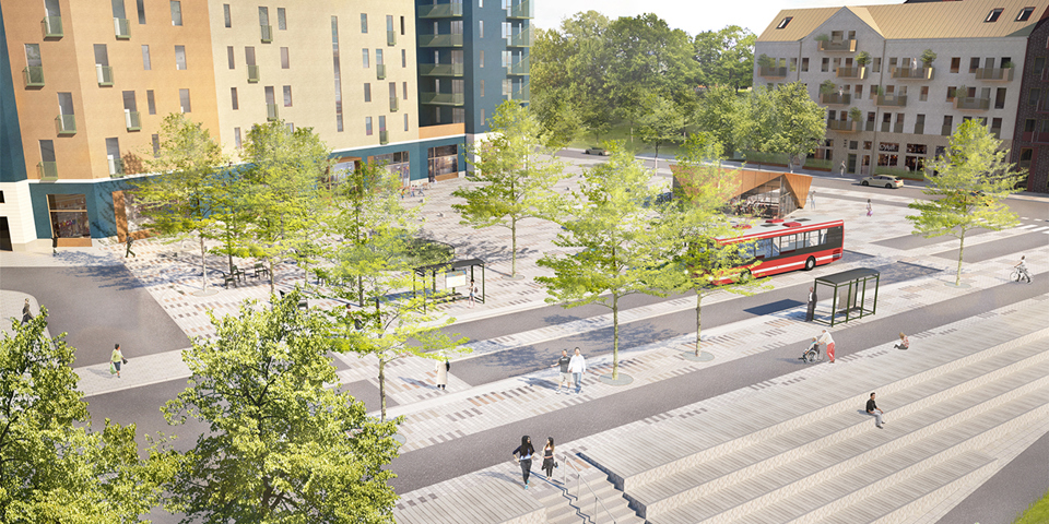 Vy över ett stenbelagt torg. Här finns busshållplats, breda trappor som leder ner från torget och flerbostadshus, platerade träd, sittplatser. Människor i rörelse. Illustration