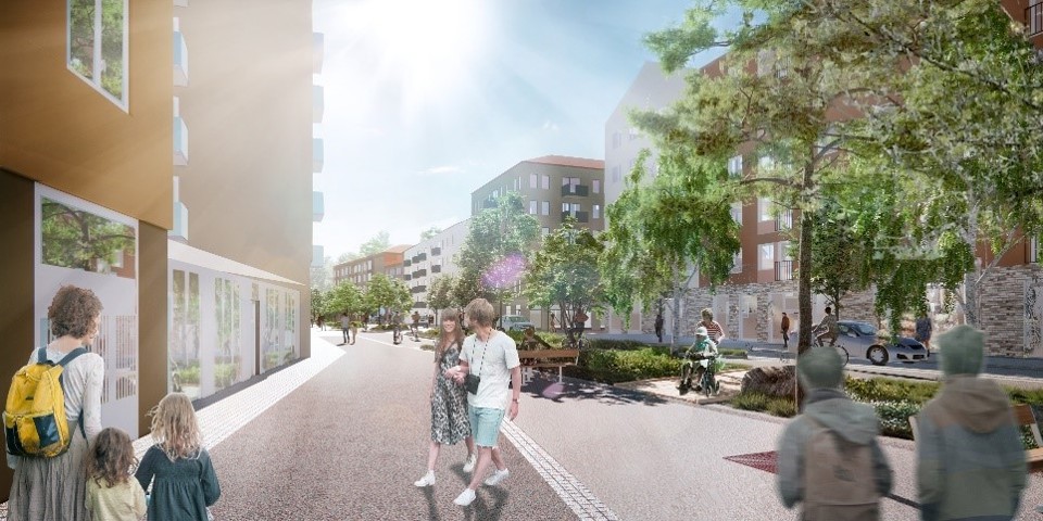 Flerbostadshus på båda sidor av en gata med bred trottoar, grönytor och träd. Människor i rörelse. Illustration