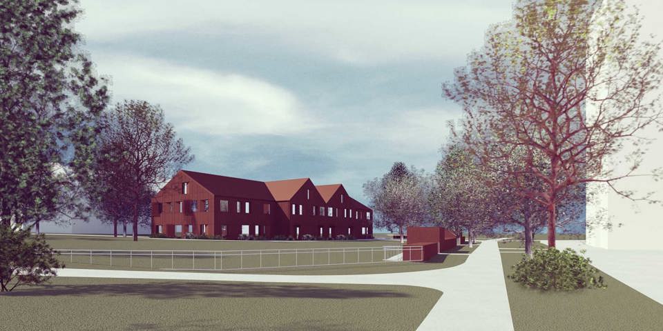 Ett stort rött hus i tre våningar med vinklat tak.  Den stora gräsmattan är omgärdad av staket. Illustration.