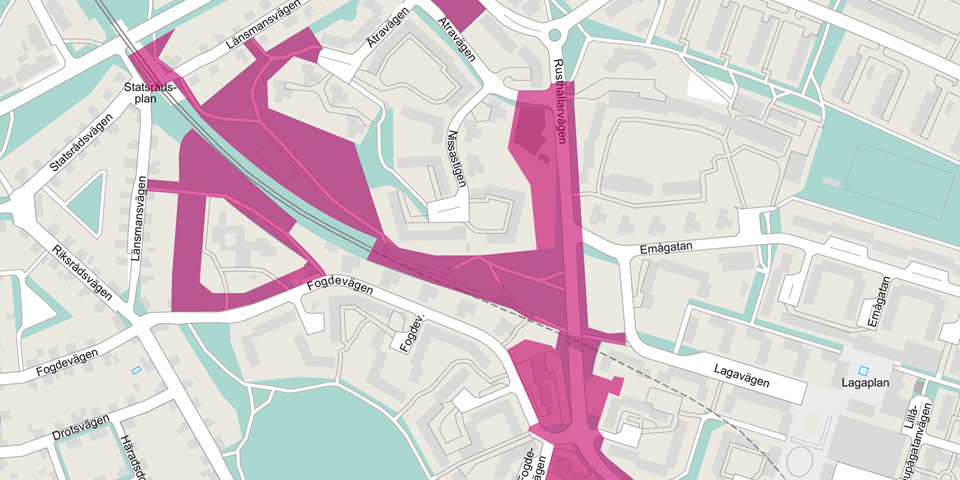 Kartbild över Bagarmossen. Markeringar i rosa som visar planområdet.
