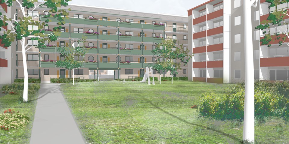 Gård med gröna balkonger, gräs, träd och flerbostadshus i bakgrunden, illustration.