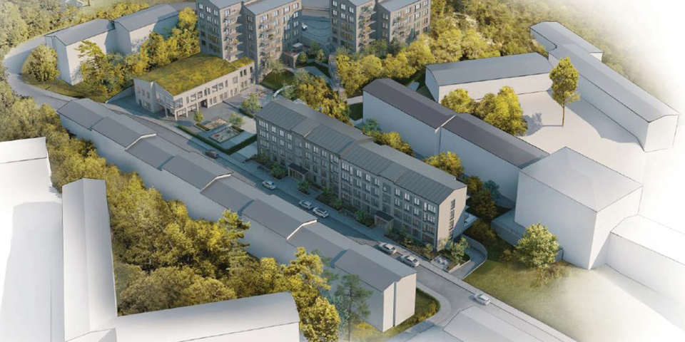 Bostäder och förskola med växtlighet på taket. Träd och grönt runtomkring. Illustration.
