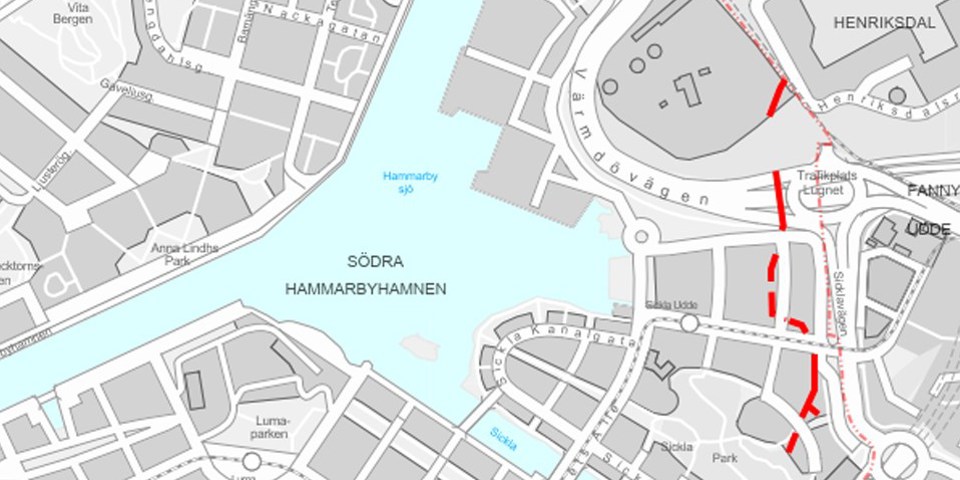 Översikt över området med ny tunnel markerad.