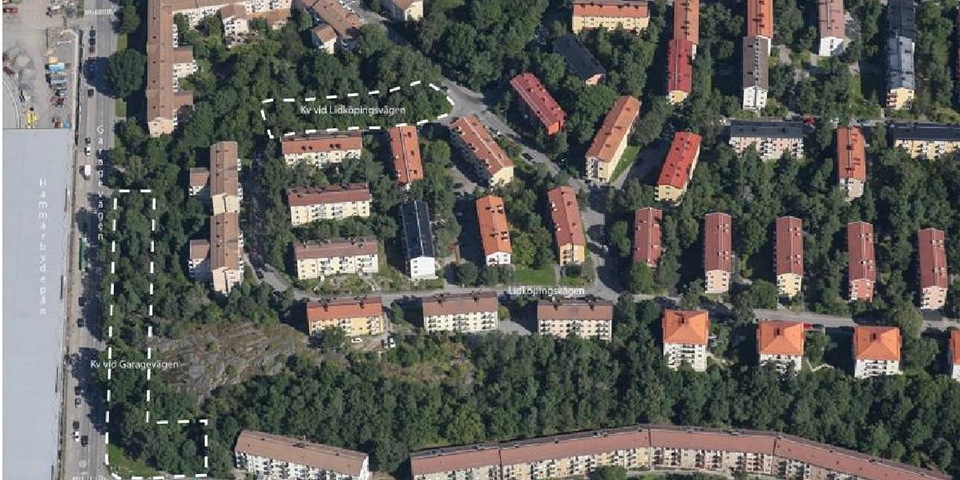 Flygvy över området med planområdet markerat.