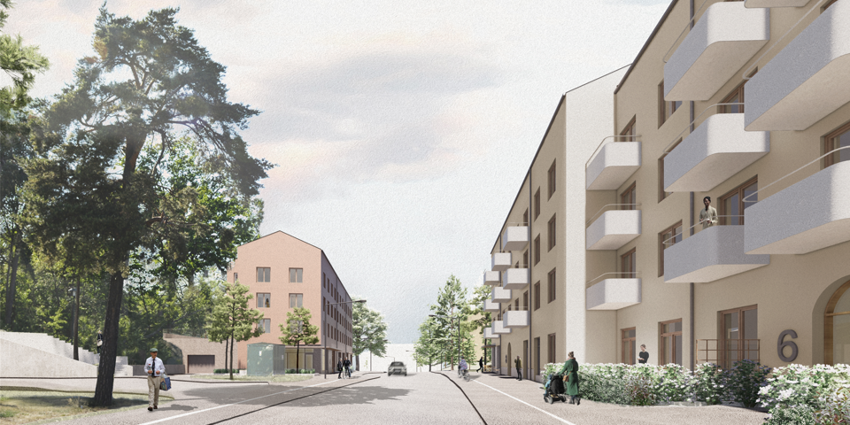 Illustration av en otrafikerad gata med två flerbostadshus på var sida av gatan. 