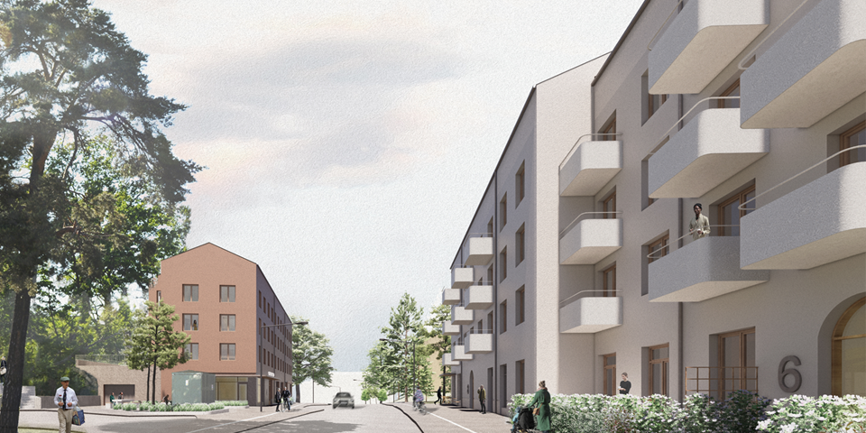 Flervåningshus och träd intill Sparrmansvägen, illustration.