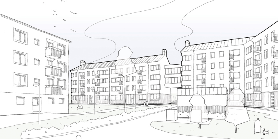 Vy mot gård med flerbostadshus runt, illustration.