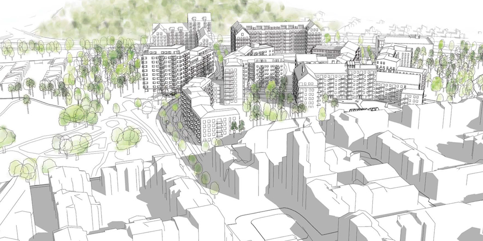 Kartskiss som visar flygvy över förslaget. Bostadshus i ett kvarter och omgivande hus och grönområden. Illustration