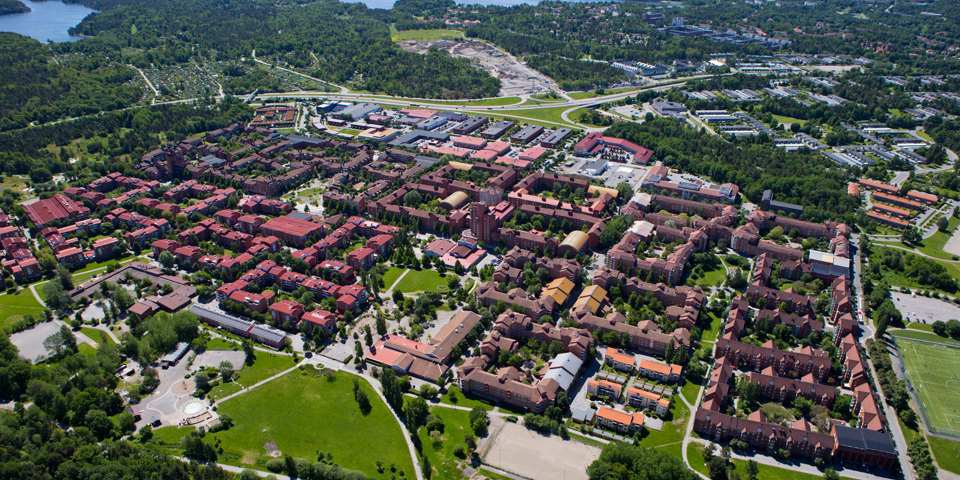 Vy över samhälle med byggnader, grönområden och vägar. Solsken, foto.