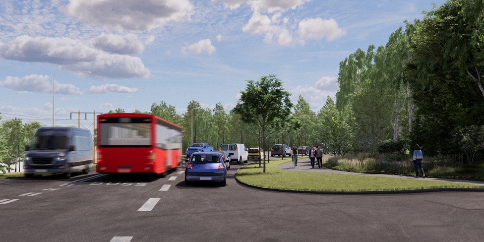 Visionsbild över det föreslagna busskörfältet söderut på Skrubba Malmväg, mellan busshållplats Solkraftsvägen och Gudöbroleden.
